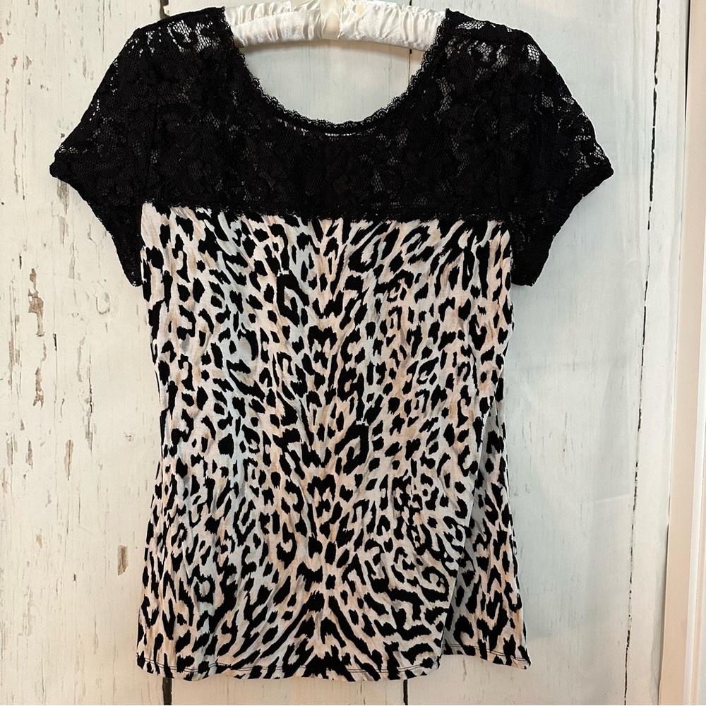 White House Black Market Black White Tan Animal Print/ Lace Top
